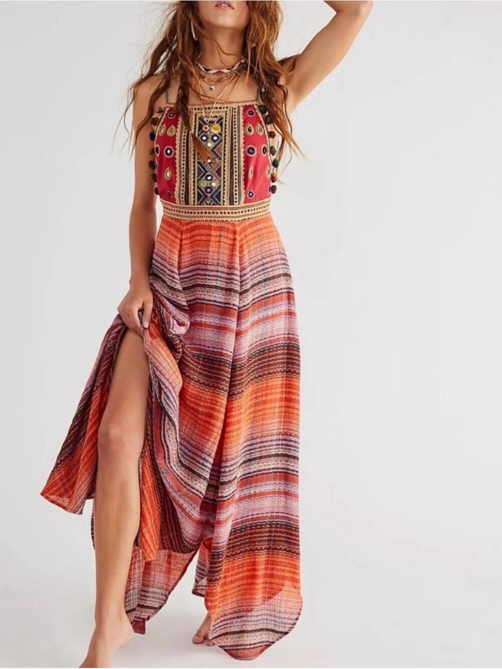 Free People Striped Embroidered Maxi Dress in Red and Orange